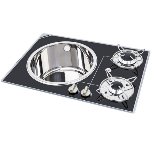 Réchaud Cristal combiné - 2 FEUX & 1 ÉVIER - 580 x 400 mm  NOIR/ARGENT MAT - CARBEST