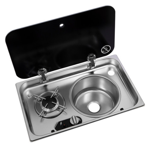 Réchaud combiné - 1 FEU & 1 ÉVIER ( A DROITE )  - 526 x 326 mm - NOIR/ARGENT - CARBEST