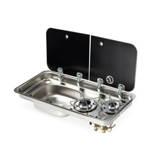 Miniature Réchaud combiné - 2 FEUX & 1 ÉVIER (A GAUCHE )  -  726 x 346  mm - NOIR/ARGENT - CARBEST N° 0