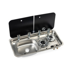 Miniature Réchaud combiné - 2 FEUX & 1 ÉVIER (A GAUCHE )  -  726 x 346  mm - NOIR/ARGENT - CARBEST N° 12