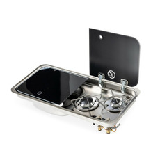 Miniature Réchaud combiné - 2 FEUX & 1 ÉVIER (A GAUCHE )  -  726 x 346  mm - NOIR/ARGENT - CARBEST N° 8