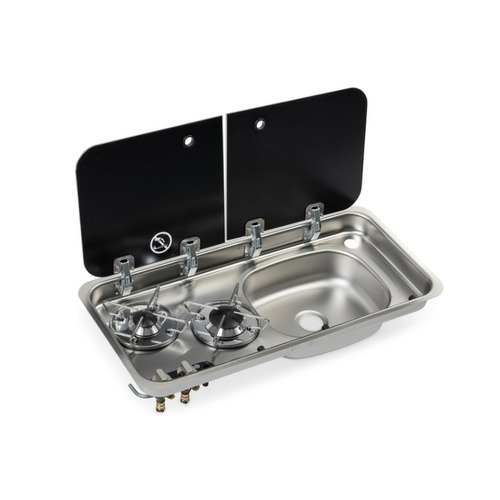 Réchaud combiné - 2 FEUX & 1 ÉVIER (A DROITE ) - 726 x 346 mm - NOIR/ARGENT - CARBEST