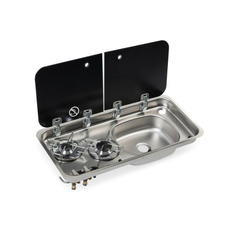 Miniature Réchaud combiné - 2 FEUX & 1 ÉVIER (A DROITE ) - 726 x 346 mm - NOIR/ARGENT - CARBEST N° 0