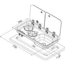 Miniature Réchaud combiné - 2 FEUX & 1 ÉVIER (A DROITE ) - 726 x 346 mm - NOIR/ARGENT - CARBEST N° 1