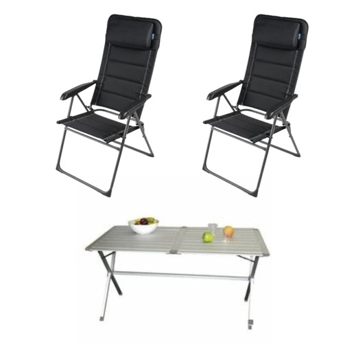 Pack mobilier extérieur confort 3 pièces – 2 fauteuils inclinables Kampa + 1 table pliante Midland