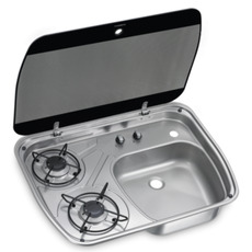 Miniature Pack cuisine & eau/gaz – DOMETIC HSG 2445 + COMET AC539 + SHURFLO 7 L/min + GOK 8 mm + SIKAFLEX 522 N° 4